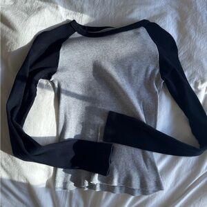 Brandy Melville Navy and Grey Baseball Style Long Sleeve Top